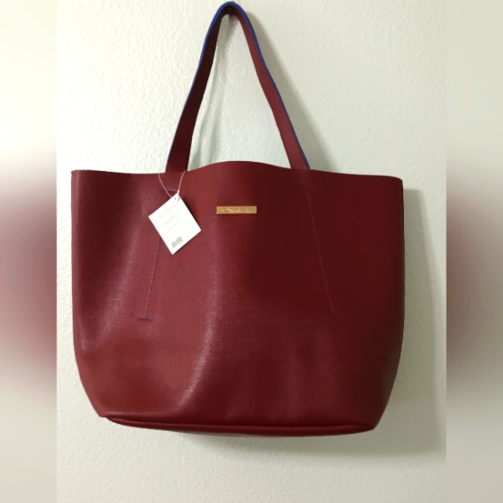 Oscar De la Renta Saffiano Leather Tote Bag Open Burgundy Large Size
